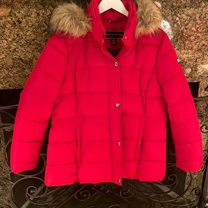 Red Tommy Hilfiger brand new  coat fur hood
